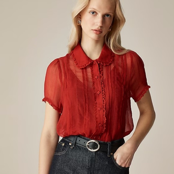 J crew Persian red Sheer lace-trim button-up shirt - Picture 1 of 6